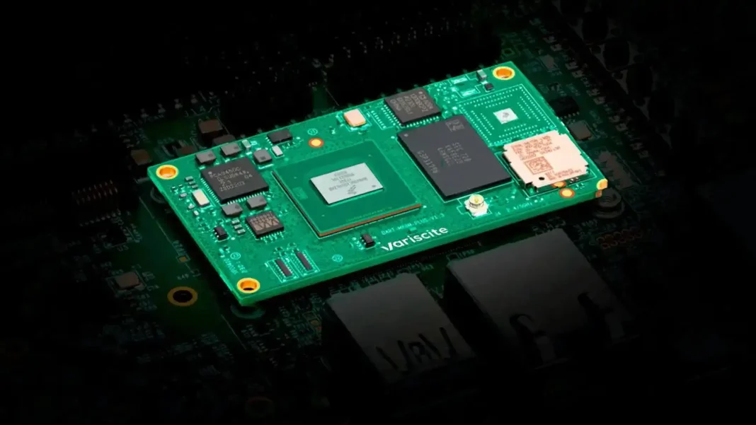 Variscite System on Module circuit board with embedded processors and memory components for industrial IoT and edge AI applications