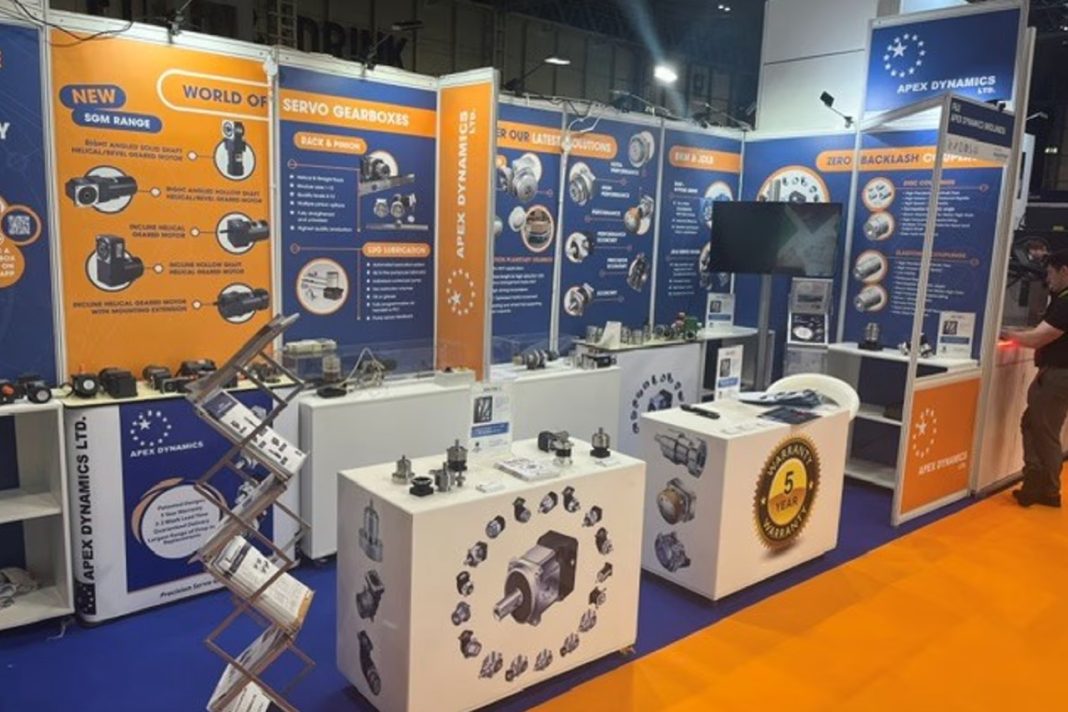 Apex Dynamics UK stand at PPMA 2026 show at the NEC Birmingham displaying SGM geared motors and planetary gearboxes