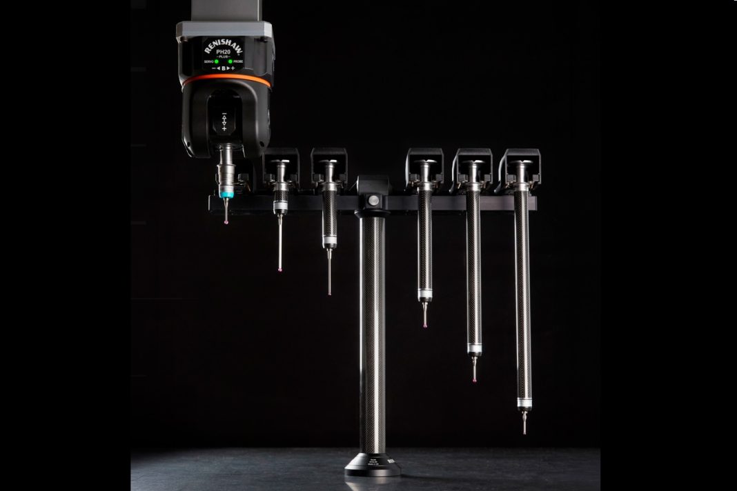 Renishaw PH20 PLUS 5-axis touch-trigger system mounted on a coordinate measuring machine inspecting a complex component