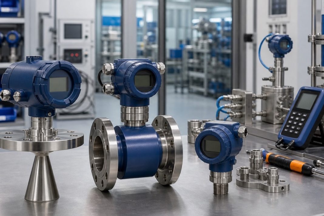 AccuMeasure Instruments industrial level, flow and pressure measurement devices displayed in a manufacturing environment