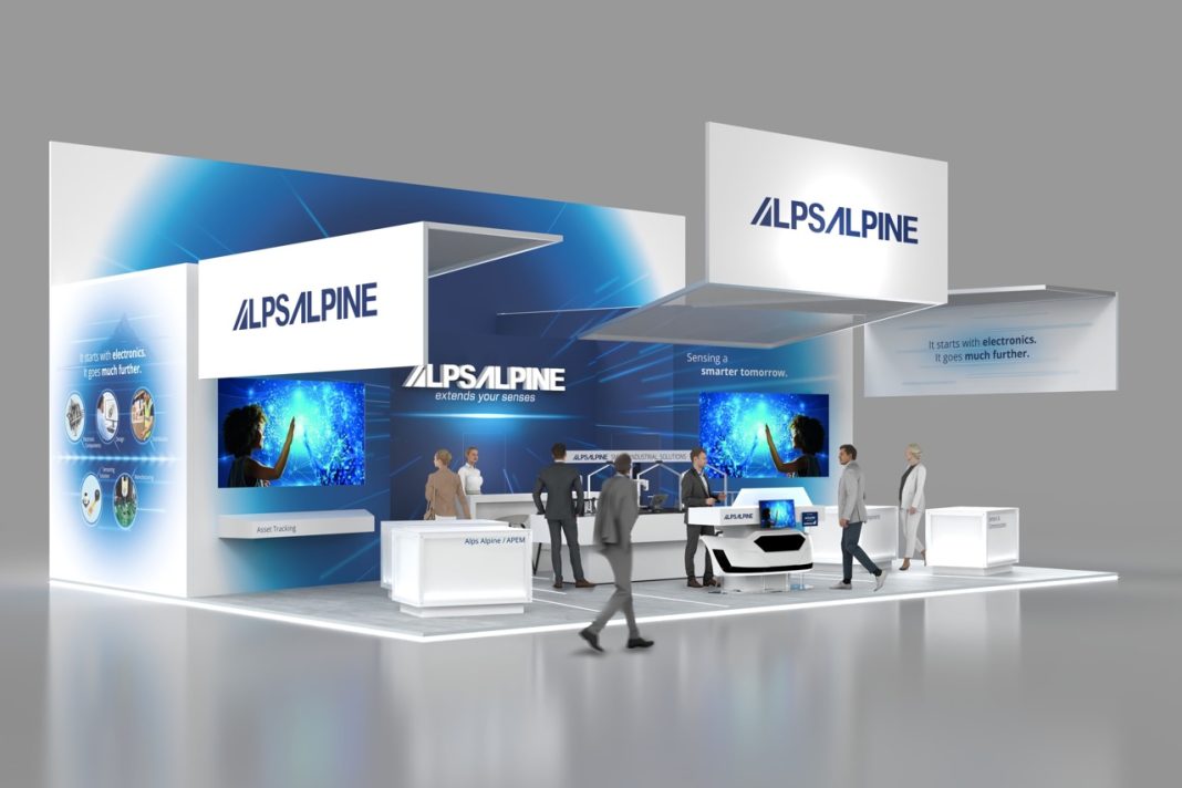 Alps Alpine exhibition booth at electronica 2026 trade fair in Munich, displaying industrial sensing and HMI solutions