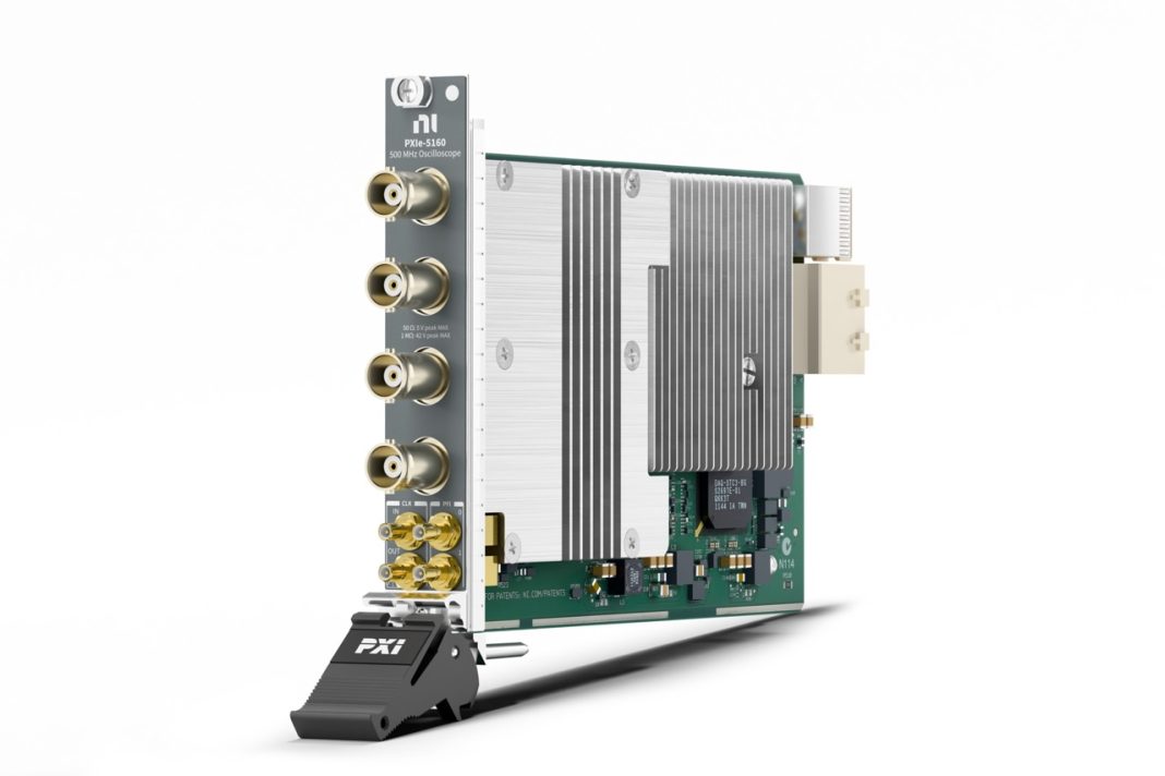 Emerson NI PXI instruments including a digital multimeter and oscilloscopes for automated test systems
