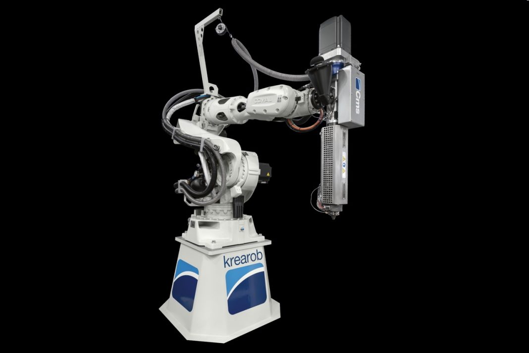 CMS SpA Krearob six-axis robotic large format additive manufacturing system printing a large thermoplastic component