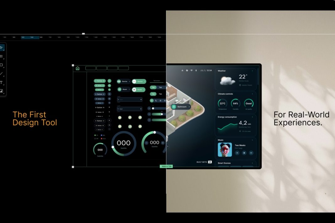 Qt.jpg A designer using a no-code embedded UI design tool on a high-end monitor, creating an industrial automation interface