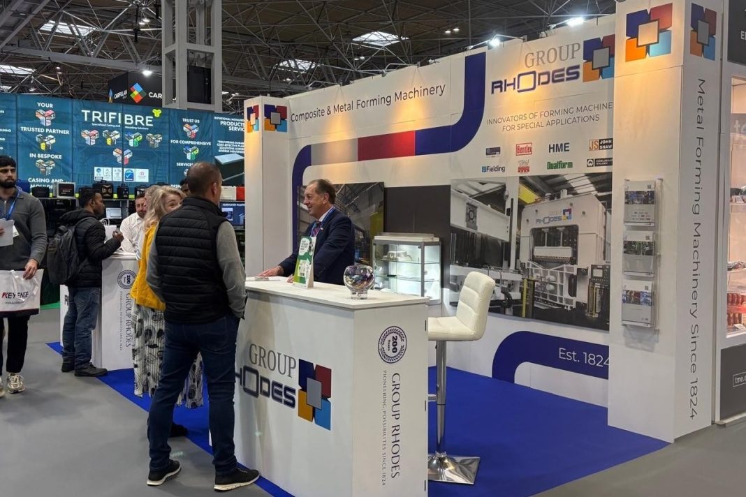 Group Rhodes exhibition stand at Advanced Engineering show displaying aerospace forming machinery and press technology