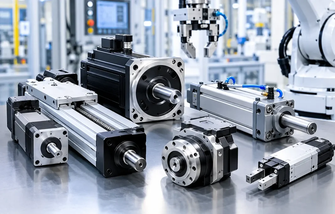 Industrial robotic arms with precision actuators on an automated manufacturing production line