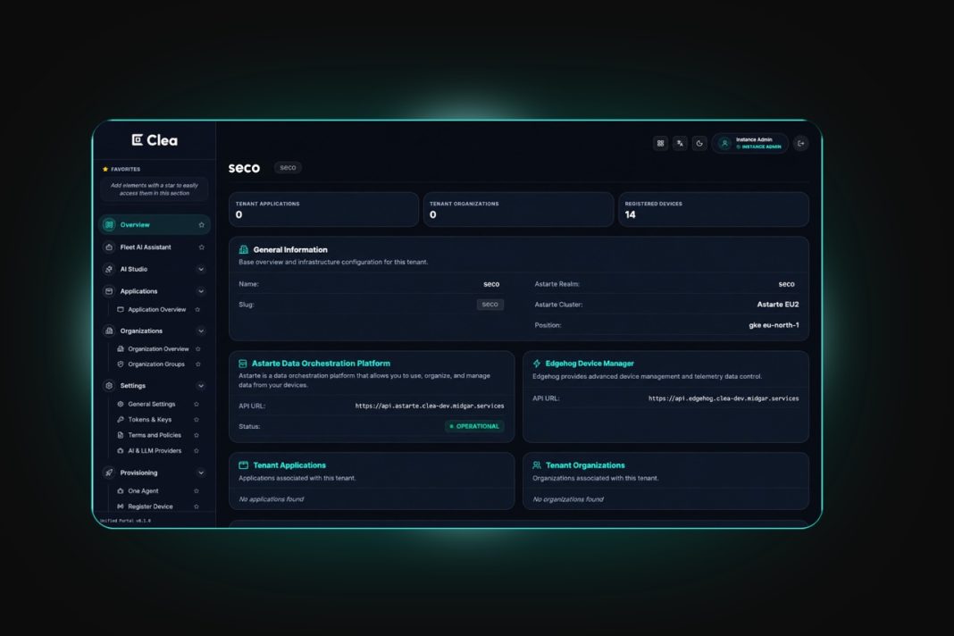 SECO Clea 2.0 Agentic Framework interface showing Edge AI deployment dashboard for industrial devices