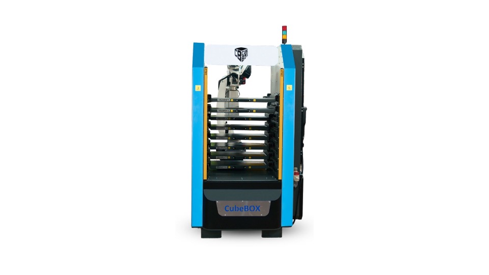Slide1-1.jpeg Tezmaksan CubeBOX Blues DR Mini compact robotic CNC automation system with six-axis robot and drawer-based part storage