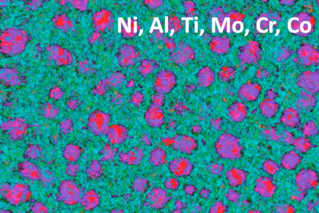 Transmission electron microscopy image showing nanoscale precipitates and grain boundaries in a nickel-based superalloy sample